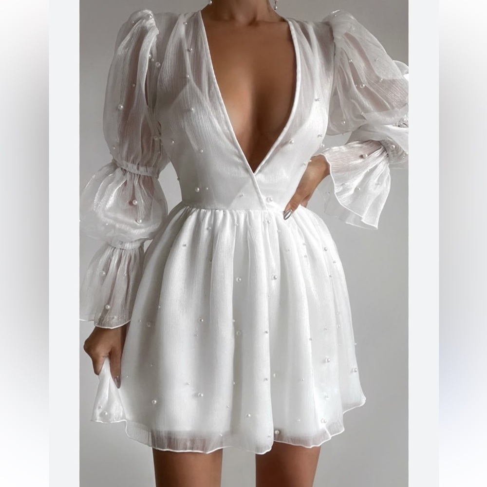 Showpo bachelorette party bridal White Sheer solanna mini Dress Pearl Accents